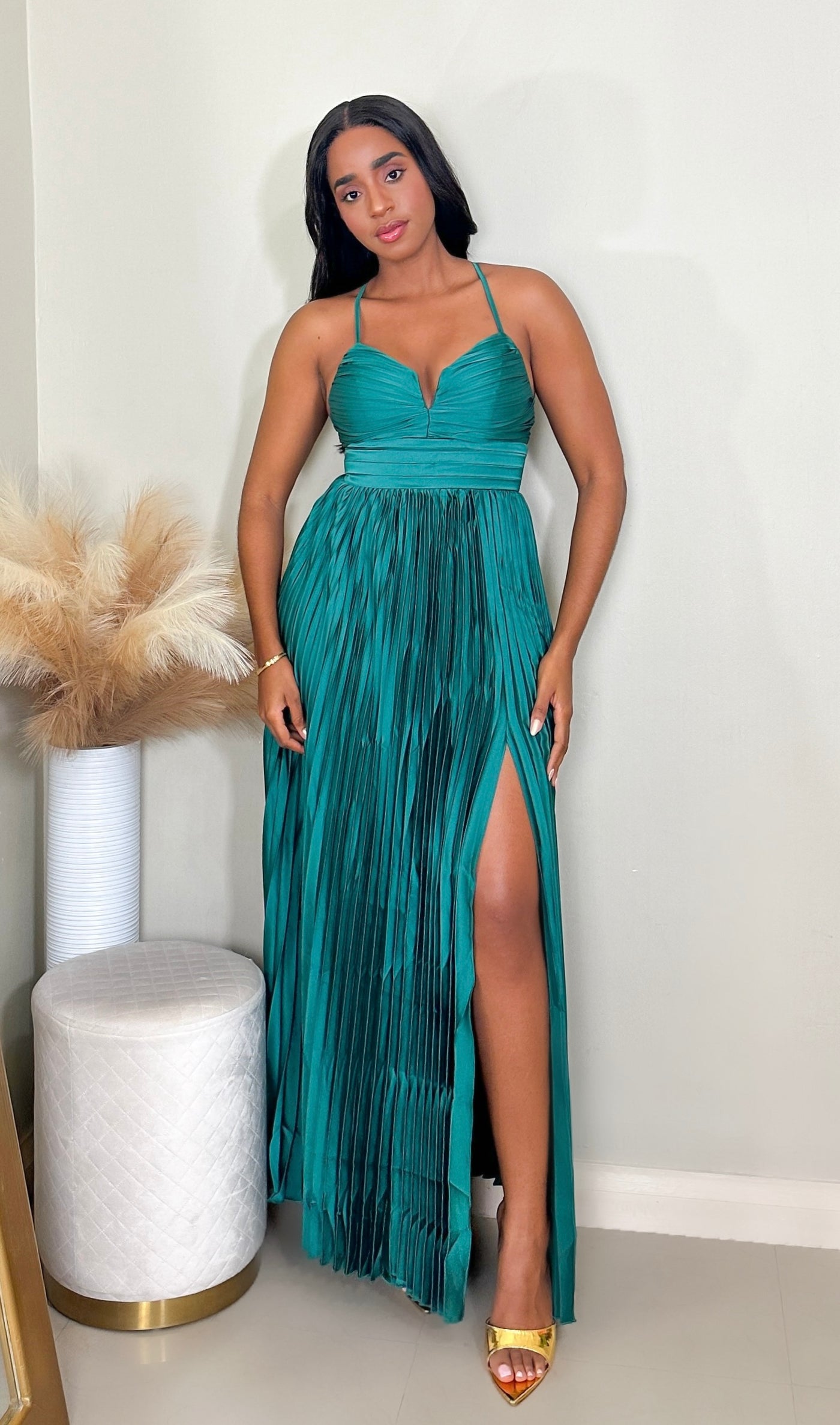 Hunter Green Pleated Maxi Dress